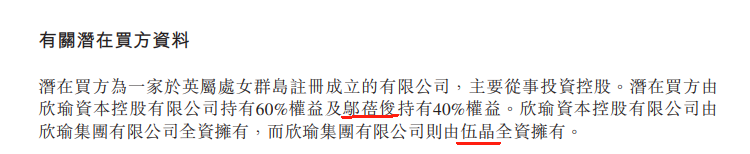 伍晶、邬蓓俊	，拟收购帝国金融集团61.6%控股权，已付1500万诚意金