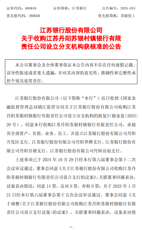 江苏银行：收购江苏丹阳苏银村镇银行获核准