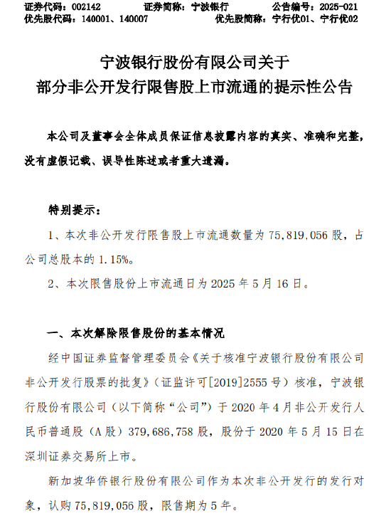宁波银行：7581.91万股限售股将于5月16日上市流通